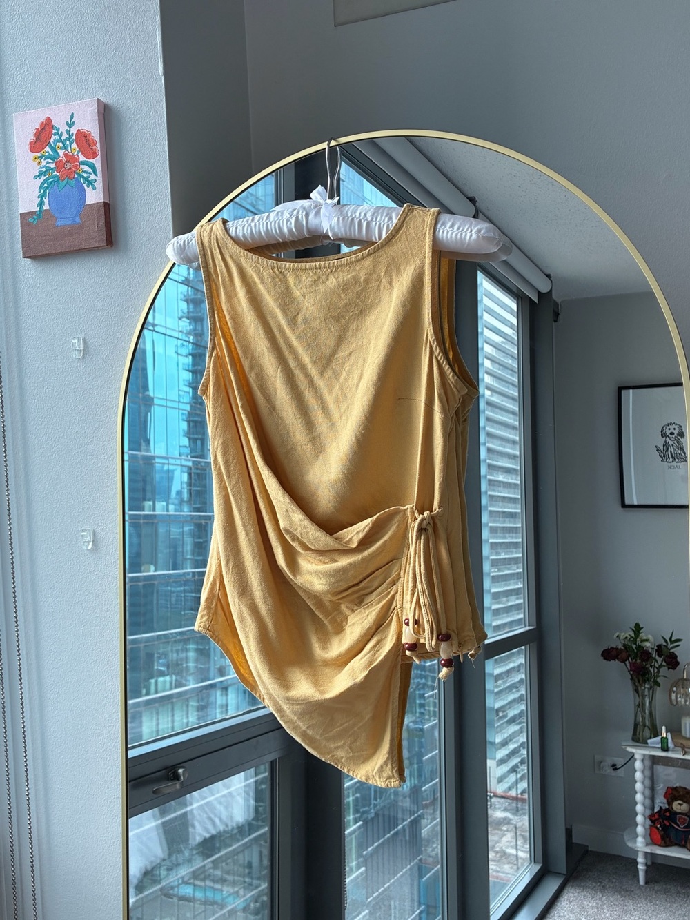 Draped Yellow Tank Top with Side Tassel Detail